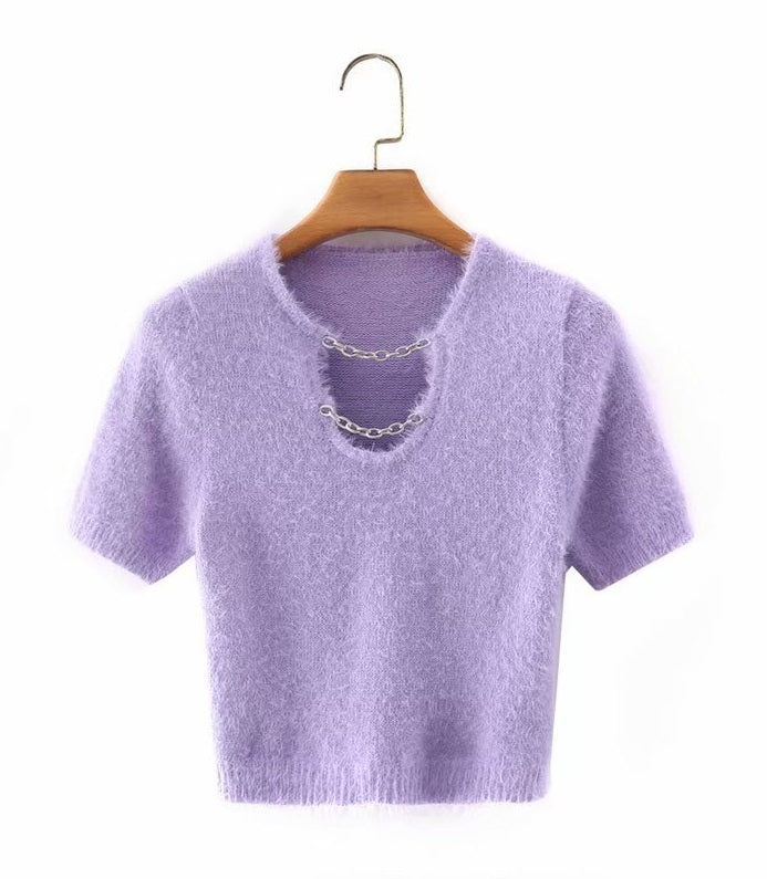 Pink Fluffy Chained Cropped T-Shirt