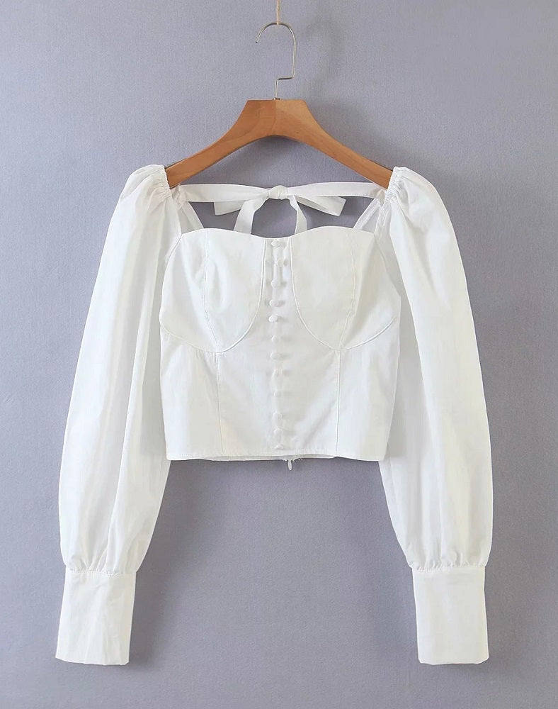 White Puffed Sleeve Crop Top