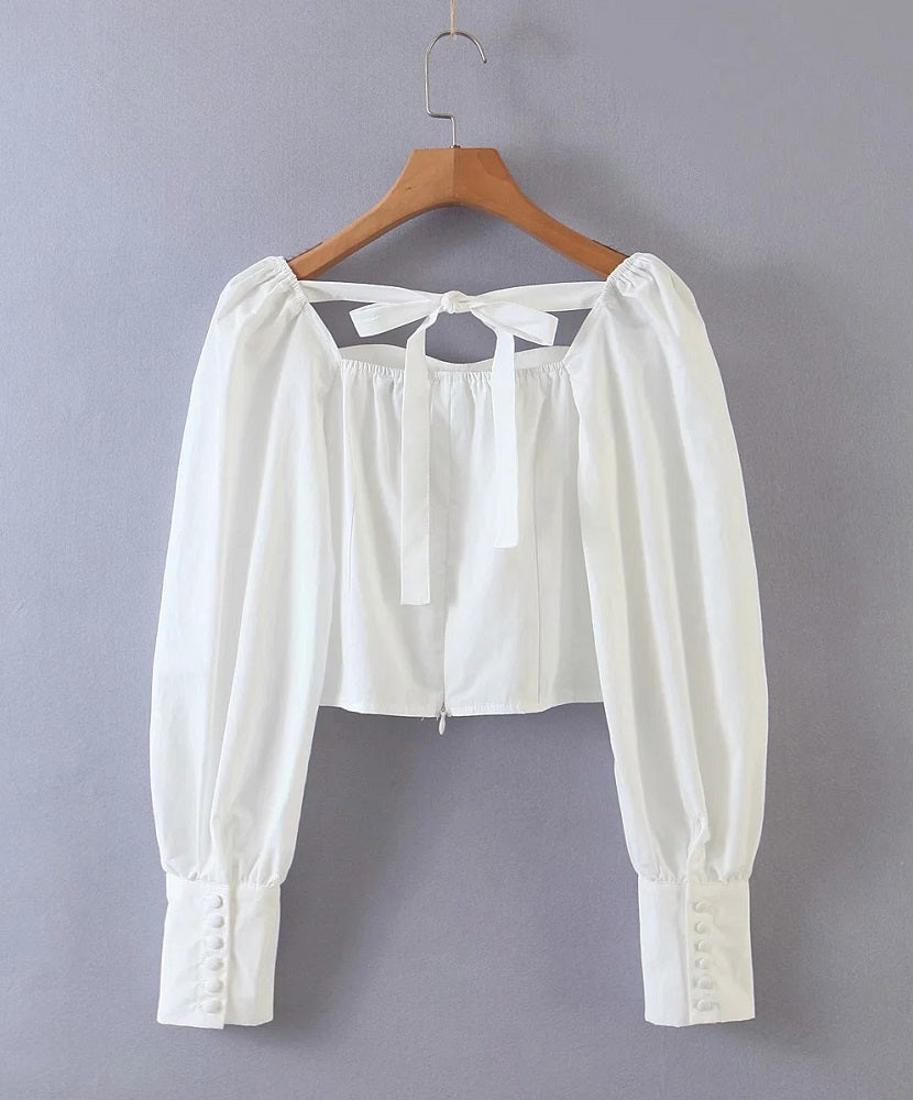 White Puffed Sleeve Crop Top