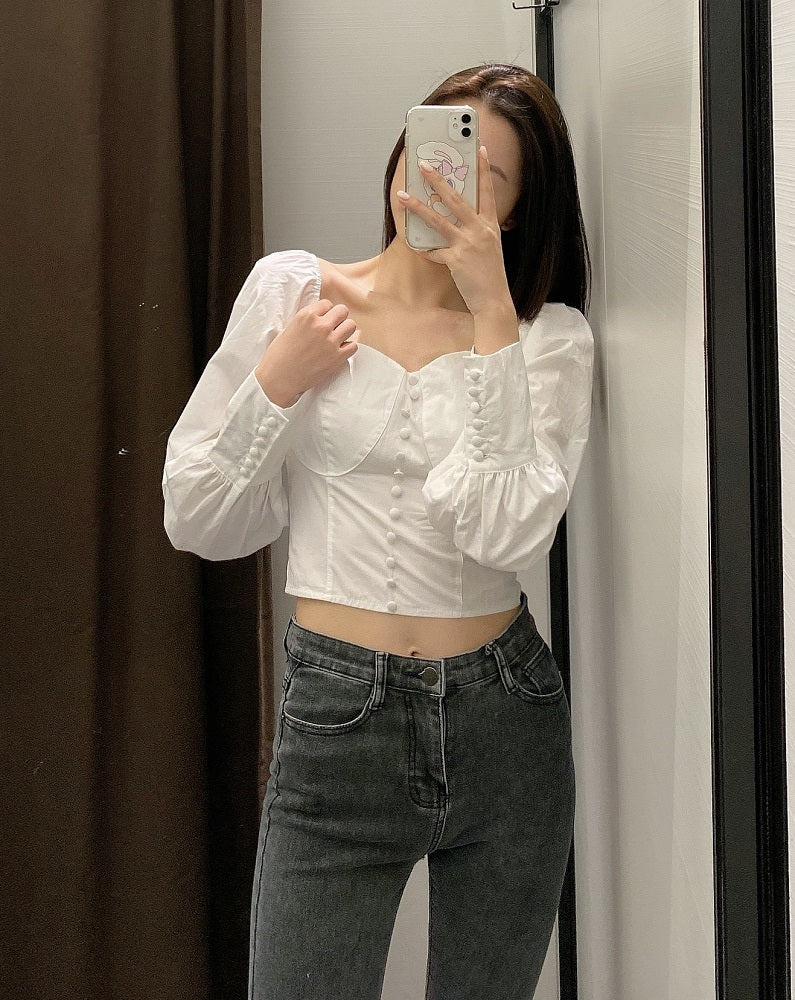 White Puffed Sleeve Crop Top