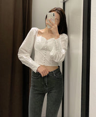 White Puffed Sleeve Crop Top