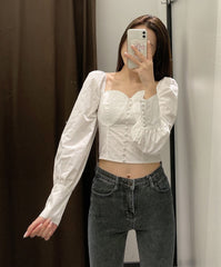 White Puffed Sleeve Crop Top