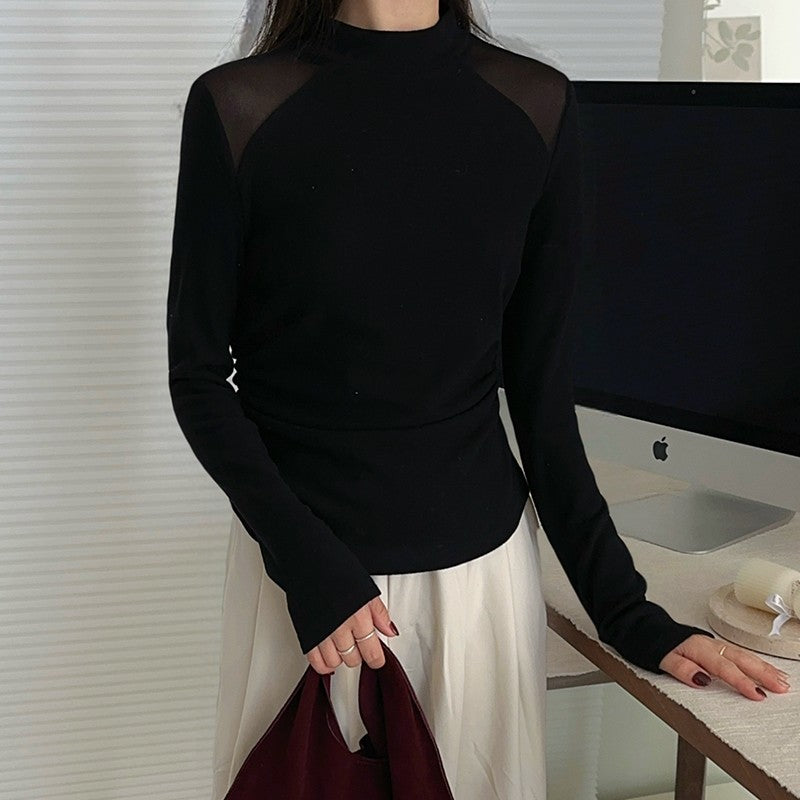 Sheer Long Sleeve High Neck Top