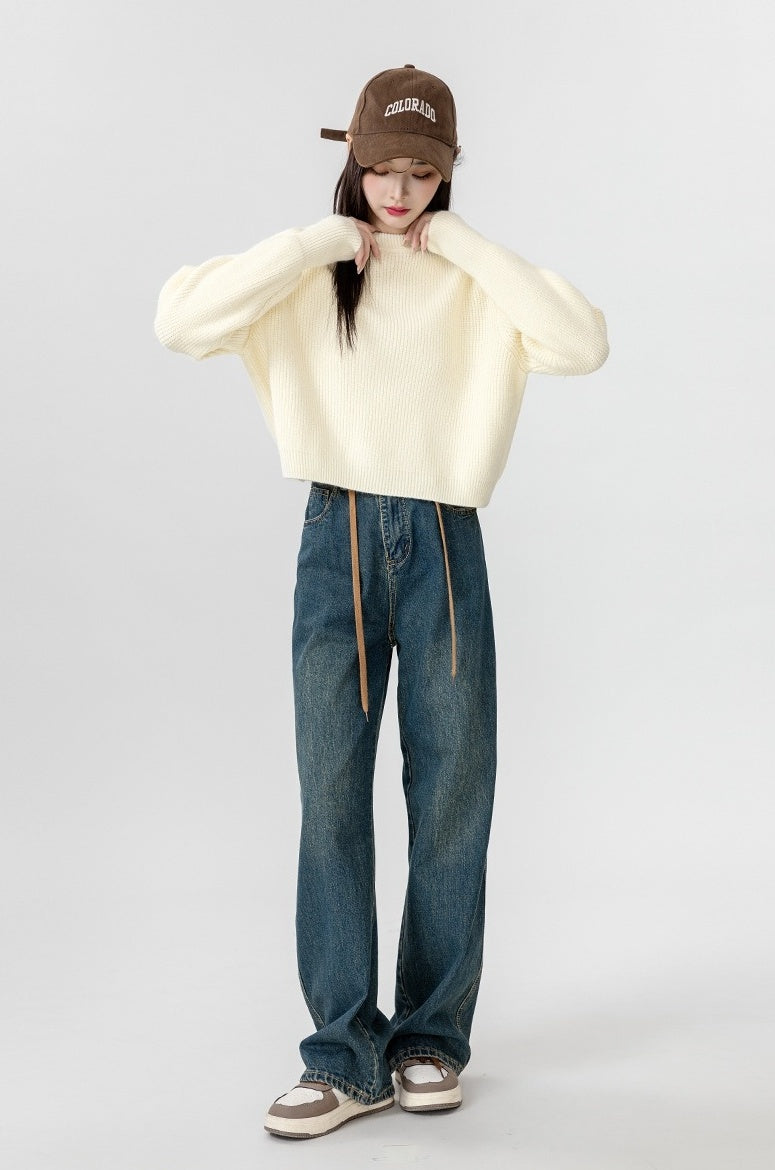 Short Beige Crewneck Sweater