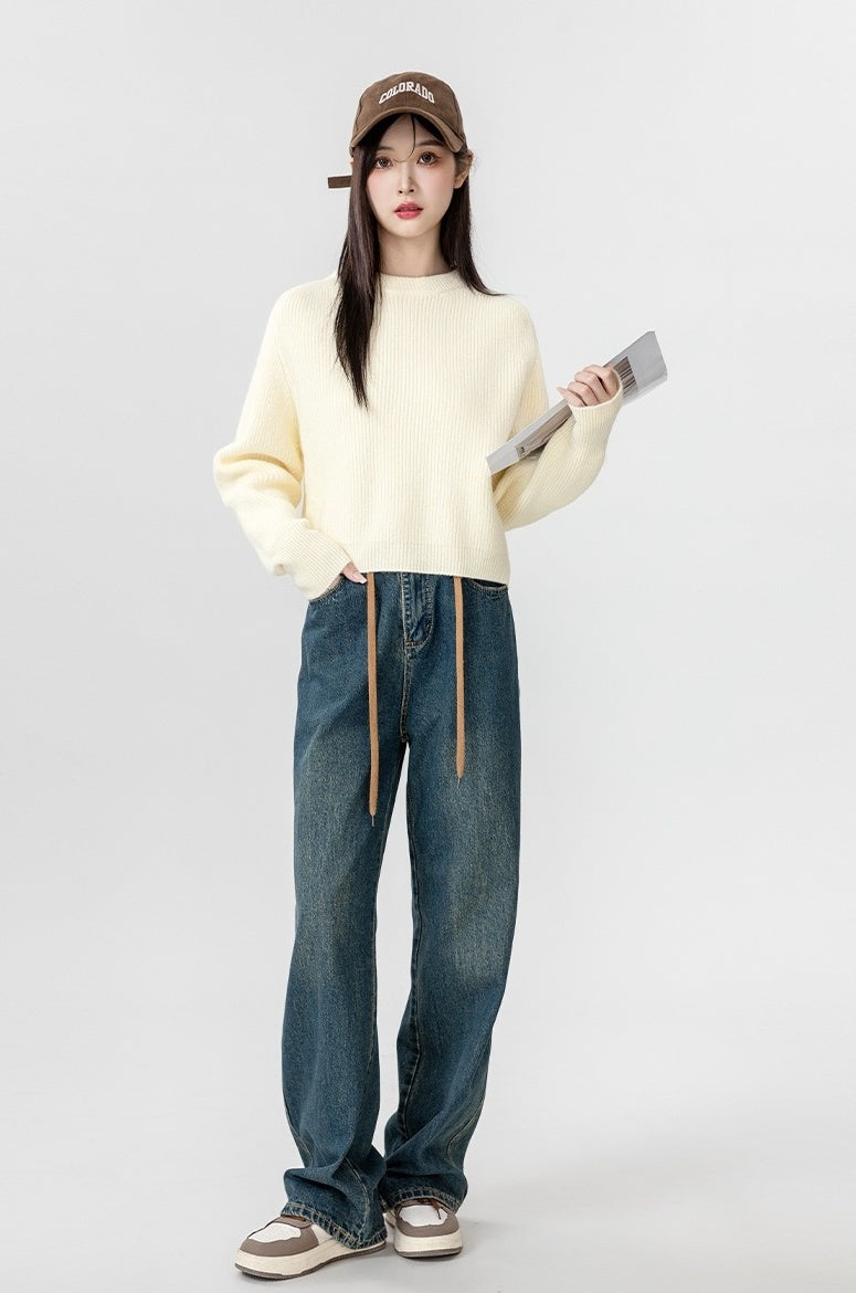 Short Beige Crewneck Sweater