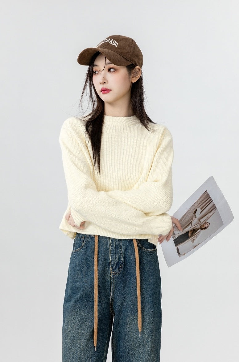 Short Beige Crewneck Sweater