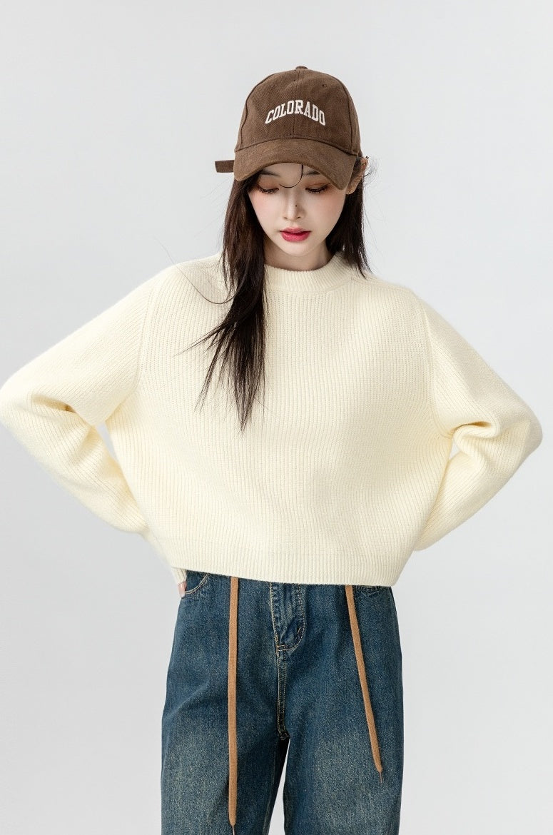 Short Beige Crewneck Sweater