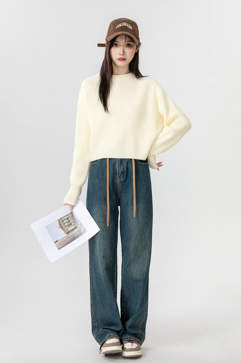 Short Beige Crewneck Sweater