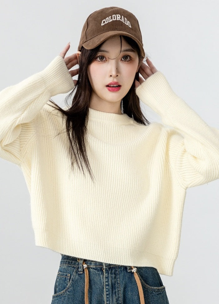 Short Beige Crewneck Sweater