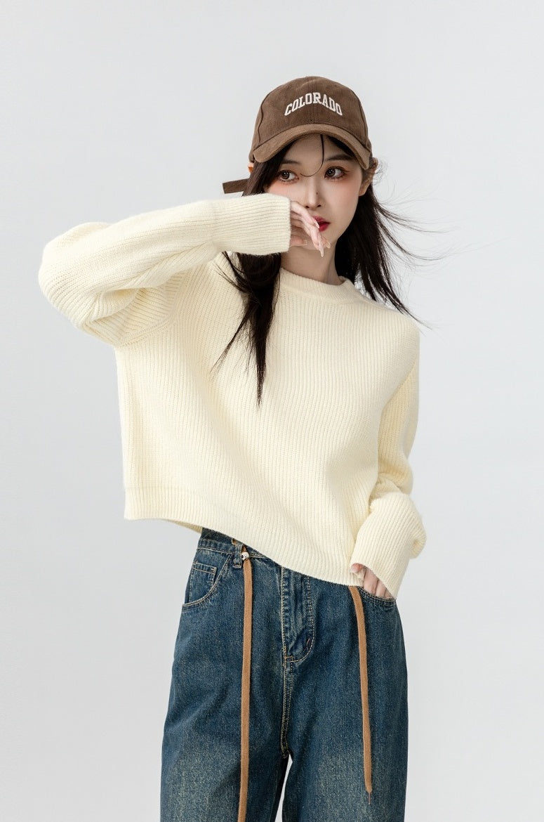 Short Beige Crewneck Sweater