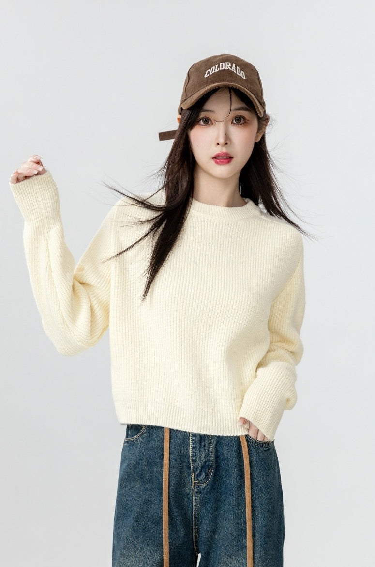 Short Beige Crewneck Sweater
