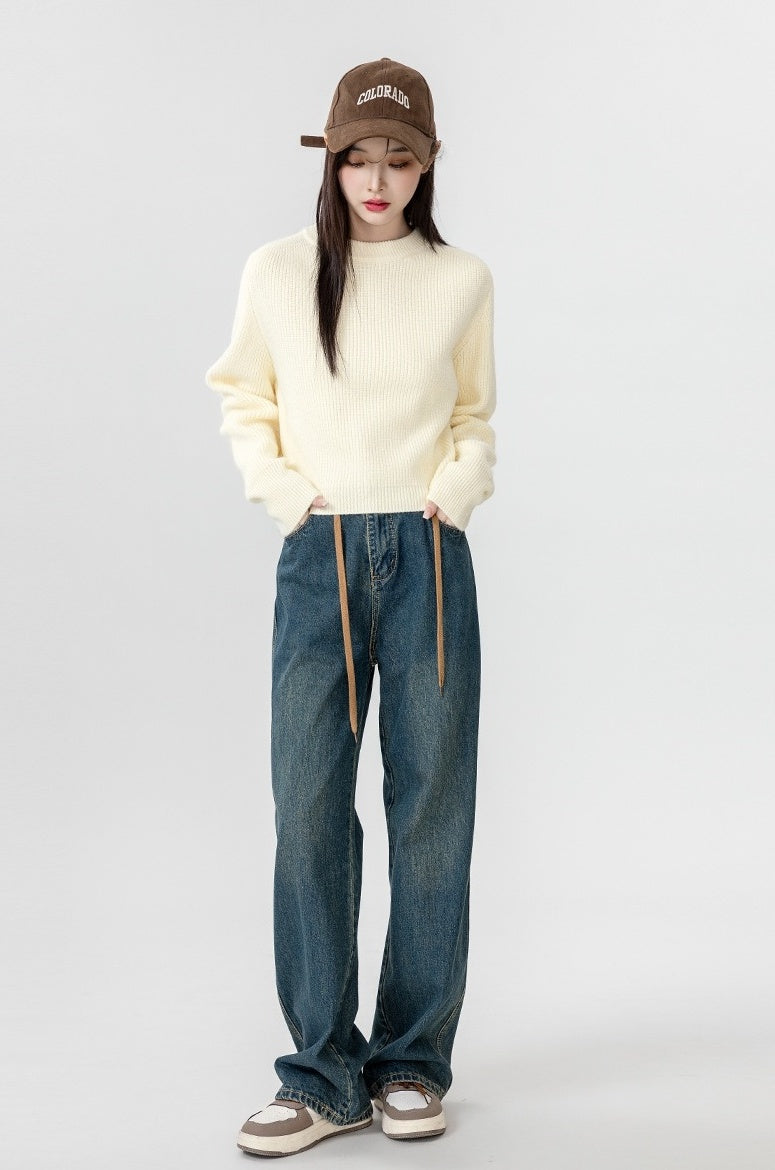 Short Beige Crewneck Sweater