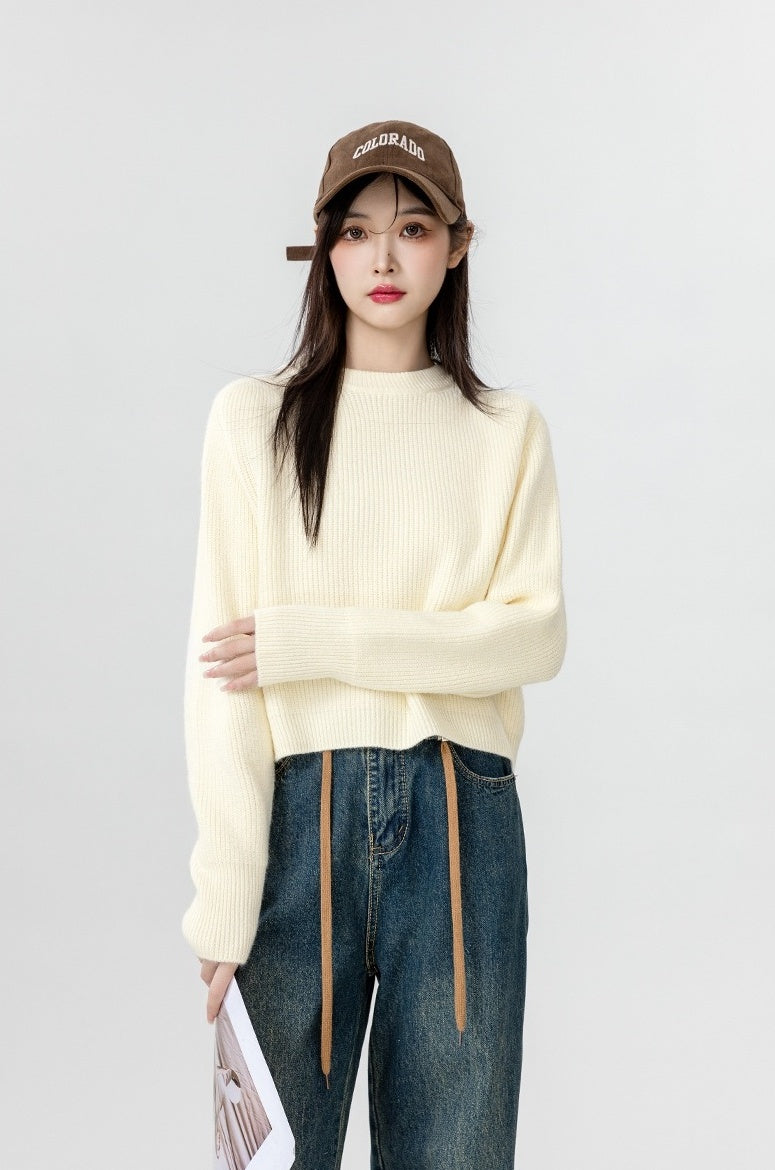 Short Beige Crewneck Sweater