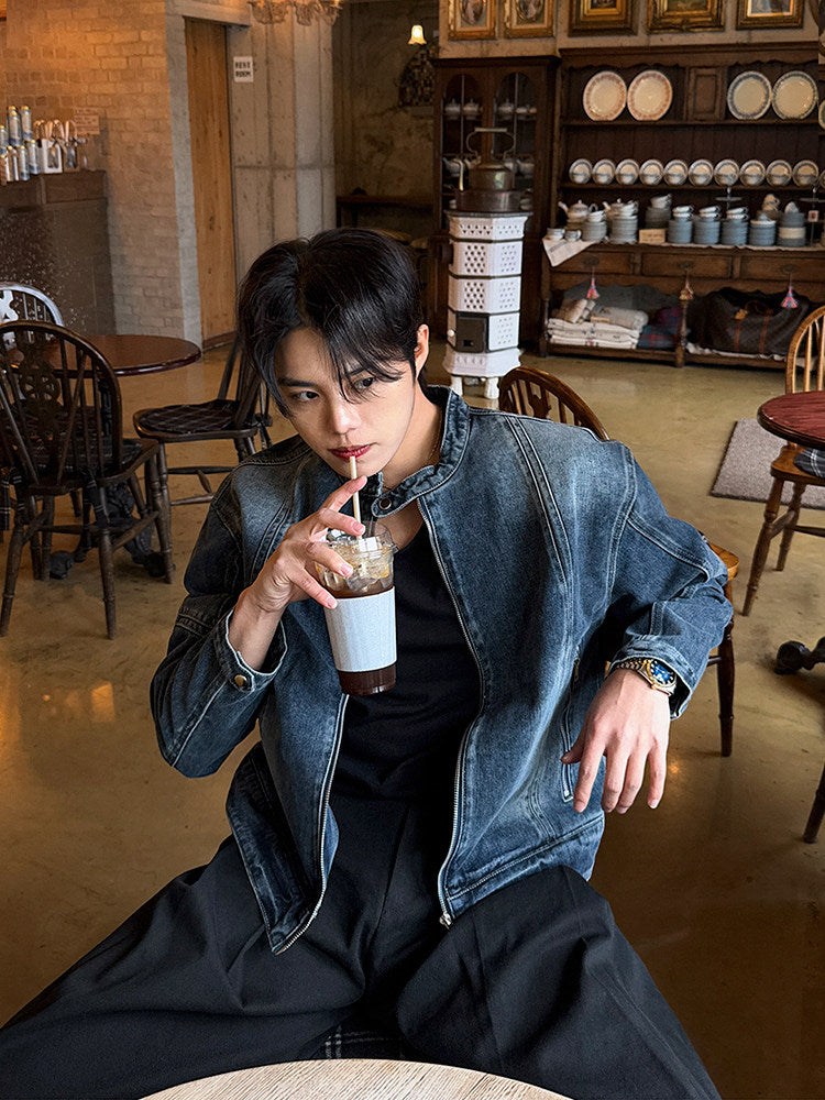 Short Denim Stand Collar Jacket