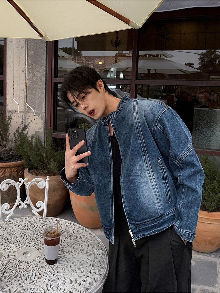 Short Denim Stand Collar Jacket