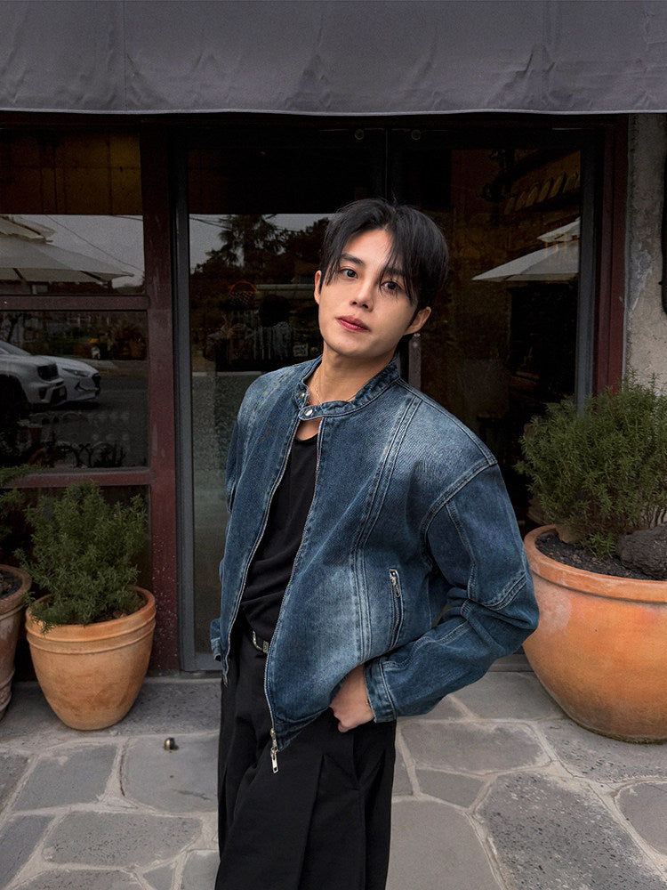 Short Denim Stand Collar Jacket