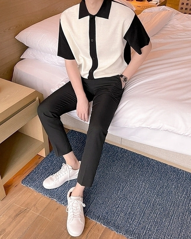 Short Sleeve Knit Cardigan Casual Color Block