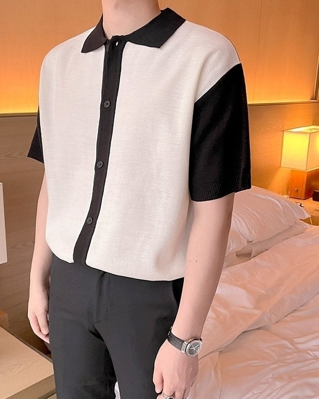 Short Sleeve Knit Cardigan Casual Color Block