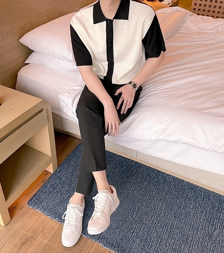 Short Sleeve Knit Cardigan Casual Color Block