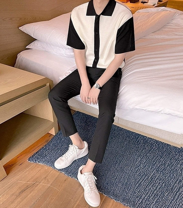 Short Sleeve Knit Cardigan Casual Color Block