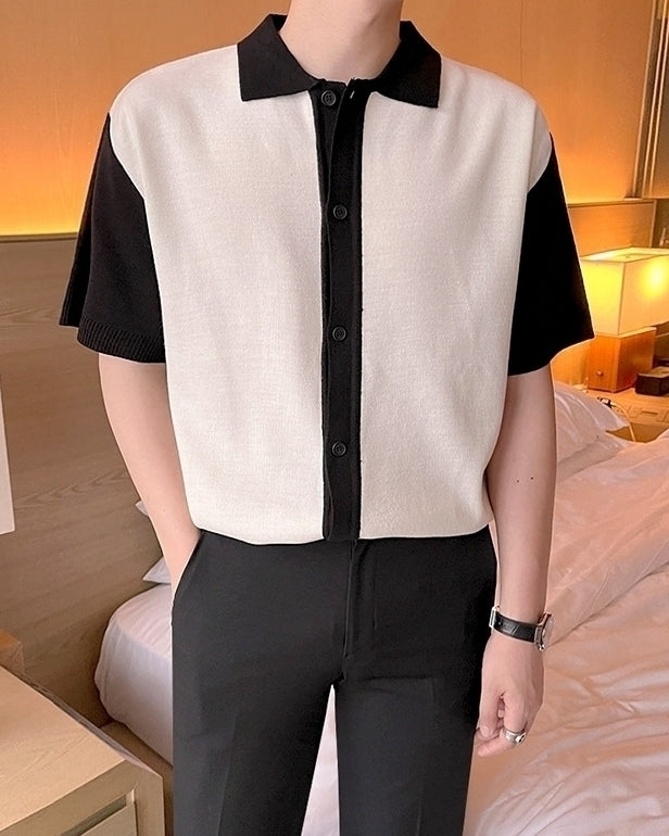 Short Sleeve Knit Cardigan Casual Color Block