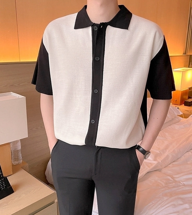 Short Sleeve Knit Cardigan Casual Color Block