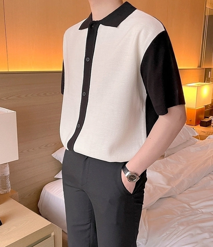 Short Sleeve Knit Cardigan Casual Color Block