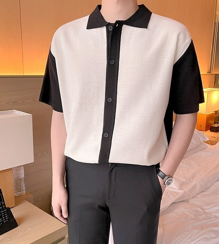 Short Sleeve Knit Cardigan Casual Color Block