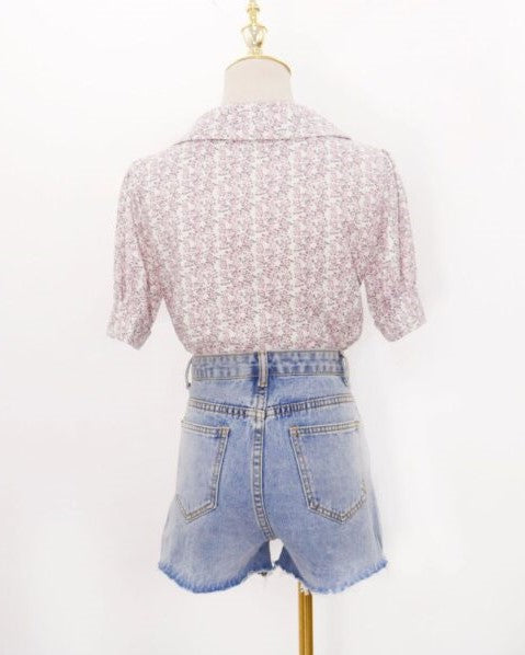 Beige Short Sleeved Floral Blouse