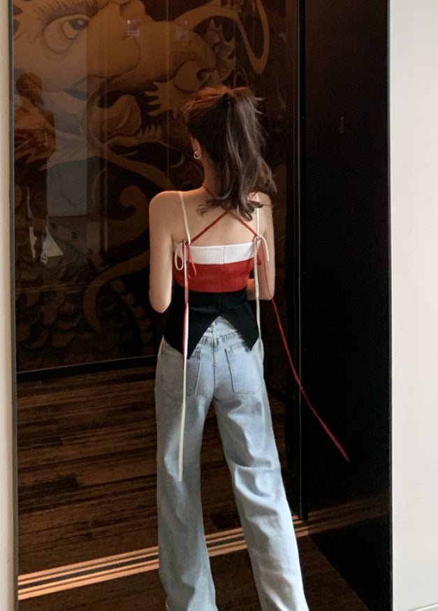 Red Color Block Slim Fit Knit Tank Top