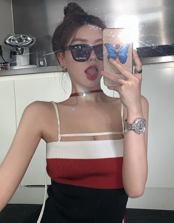 Red Color Block Slim Fit Knit Tank Top