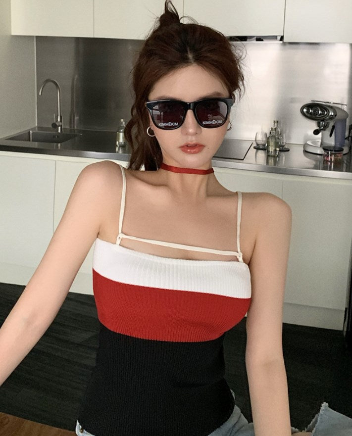 Red Color Block Slim Fit Knit Tank Top