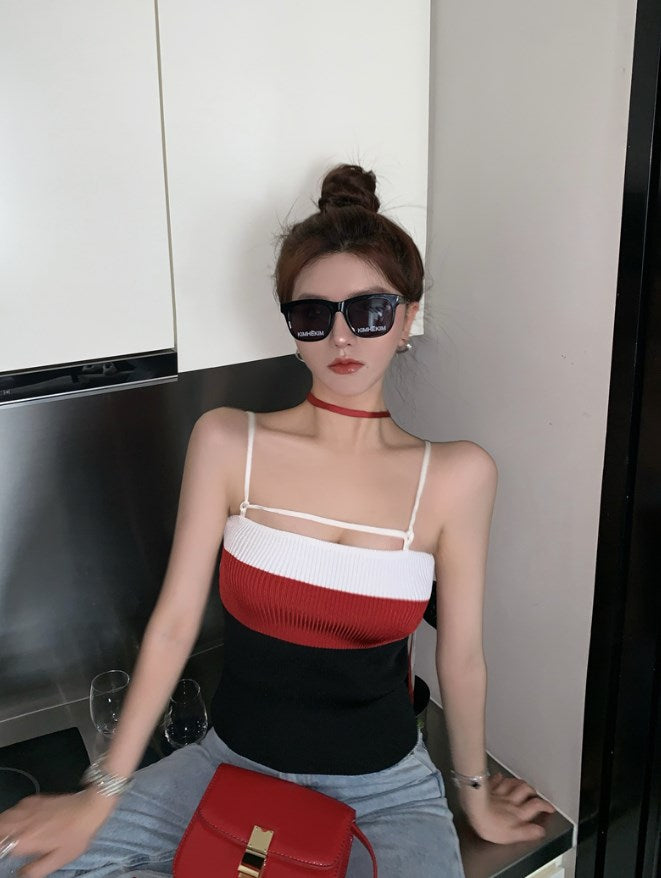 Red Color Block Slim Fit Knit Tank Top