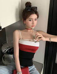 Red Color Block Slim Fit Knit Tank Top