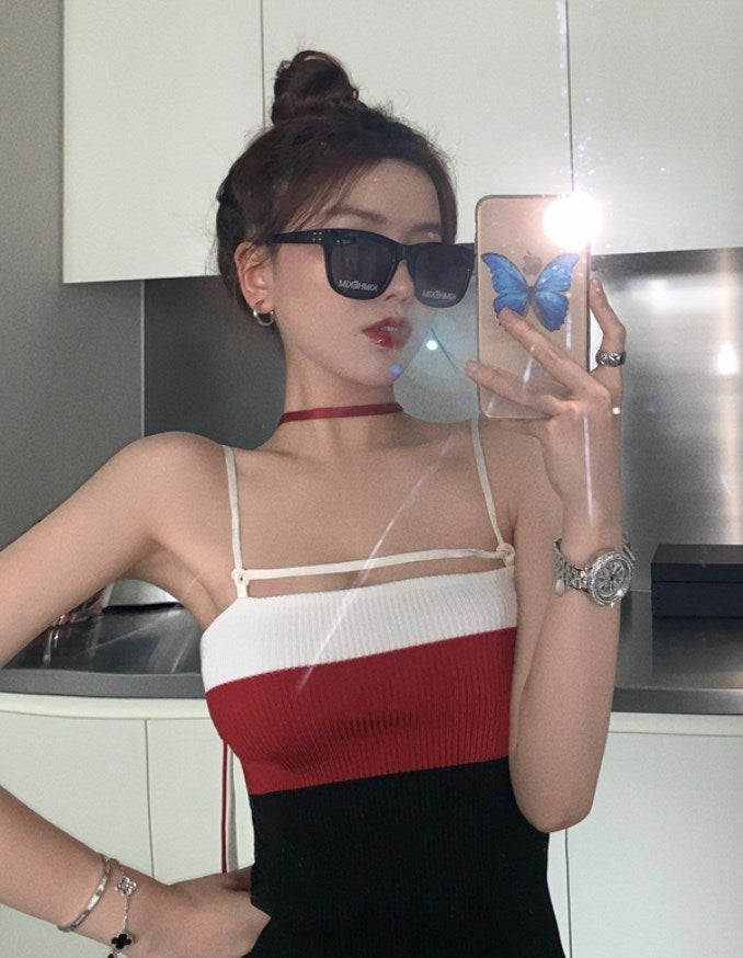 Red Color Block Slim Fit Knit Tank Top
