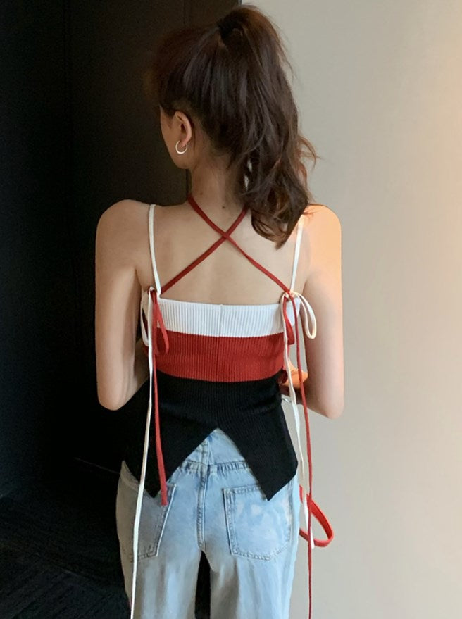 Red Color Block Slim Fit Knit Tank Top