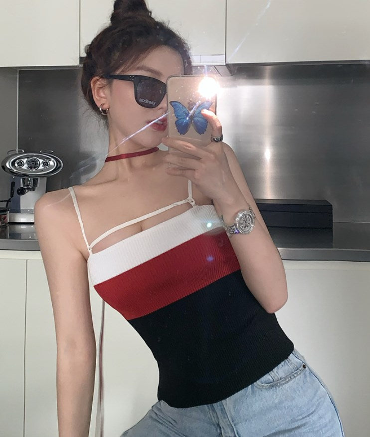 Red Color Block Slim Fit Knit Tank Top