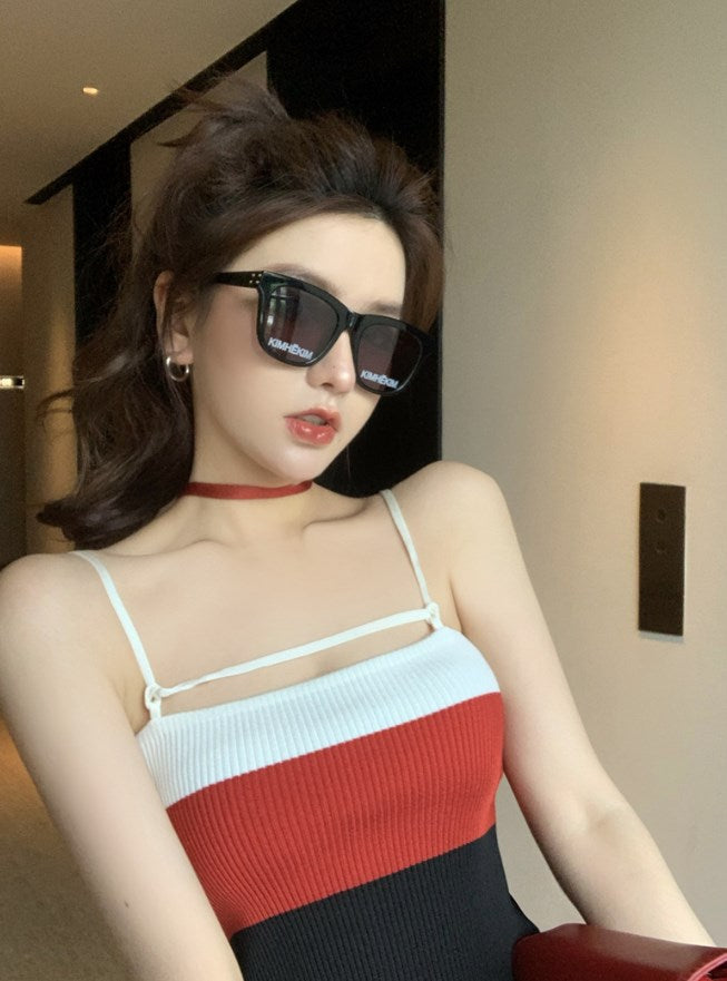 Red Color Block Slim Fit Knit Tank Top