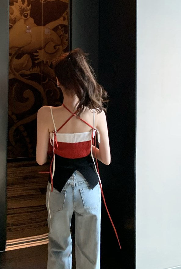 Red Color Block Slim Fit Knit Tank Top