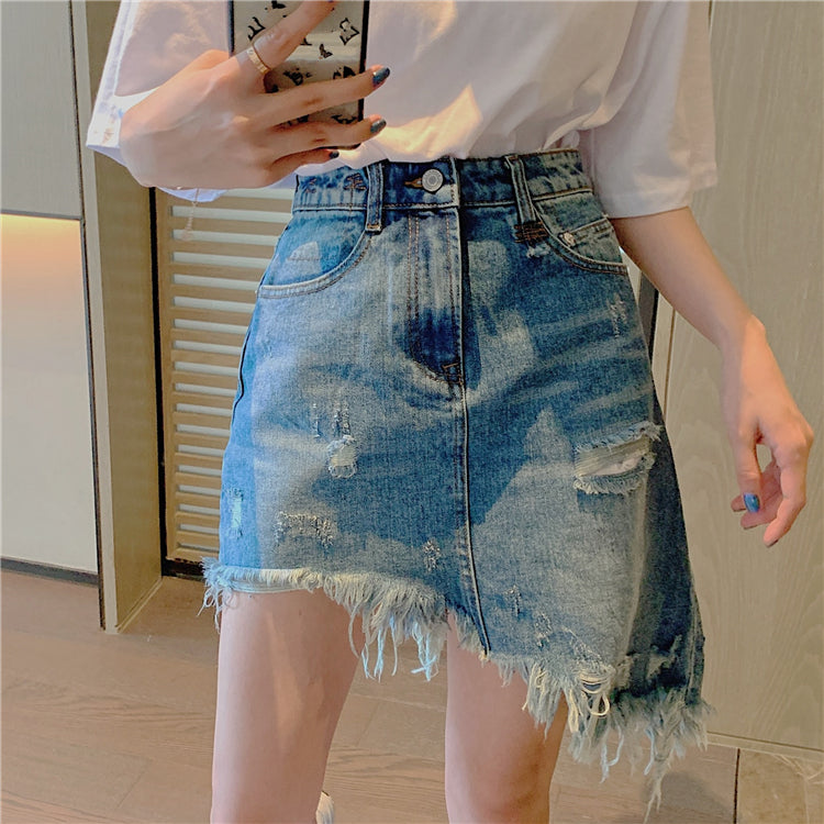 Blue Asymmetrical Distressed Denim Skirt
