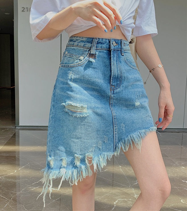 Blue Asymmetrical Distressed Denim Skirt