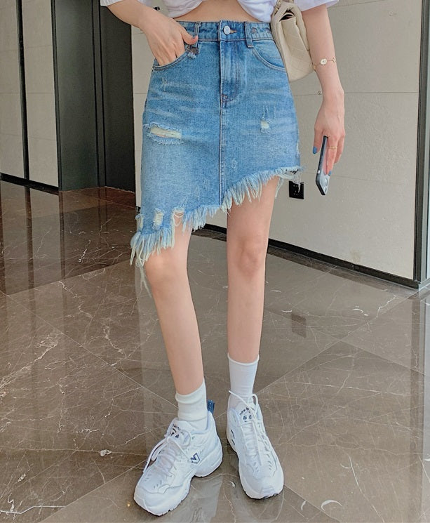 Blue Asymmetrical Distressed Denim Skirt