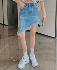 Blue Asymmetrical Distressed Denim Skirt
