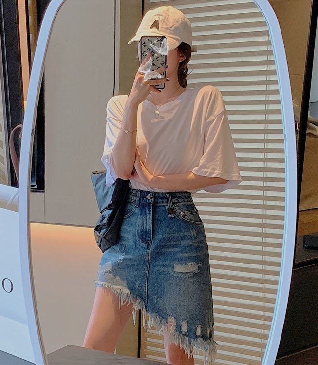 Blue Asymmetrical Distressed Denim Skirt