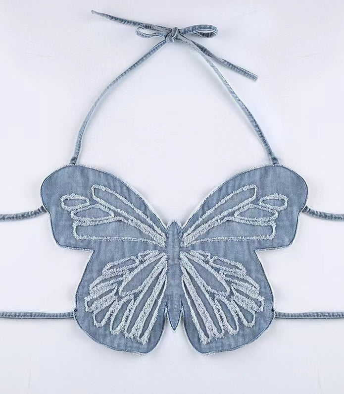 Blue Butterfly Denim Backless Crop Top