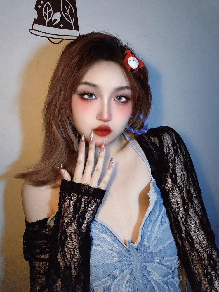 Blue Butterfly Denim Backless Crop Top