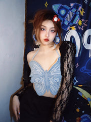 Blue Butterfly Denim Backless Crop Top