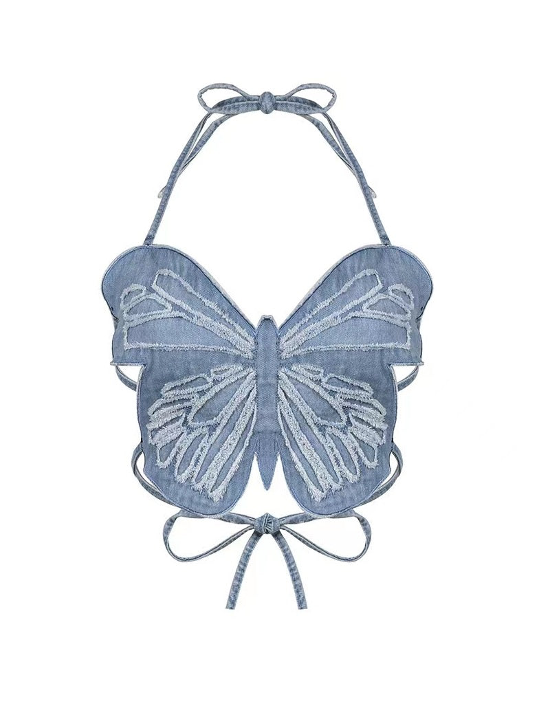 Blue Butterfly Denim Backless Crop Top