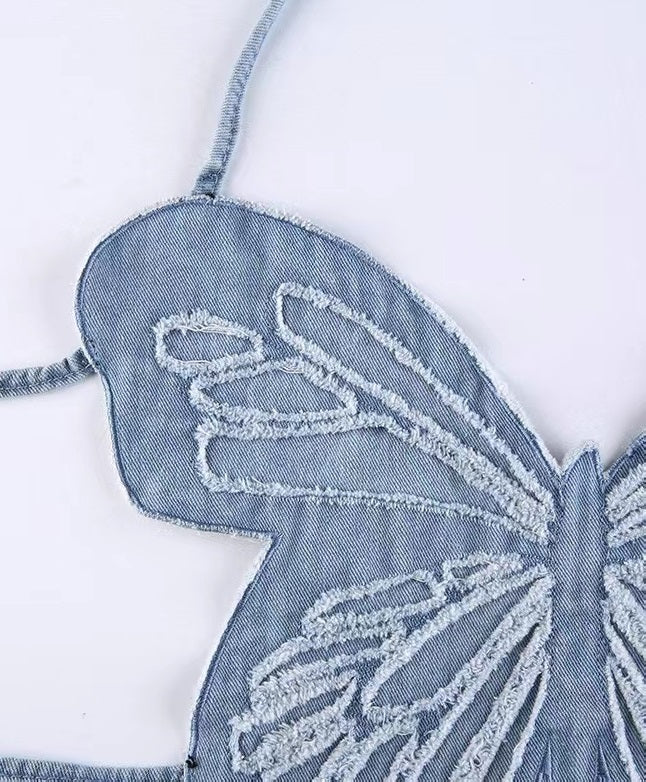Blue Butterfly Denim Backless Crop Top