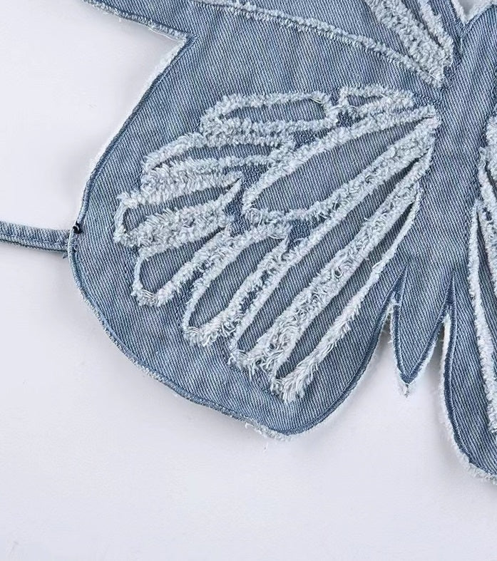 Blue Butterfly Denim Backless Crop Top